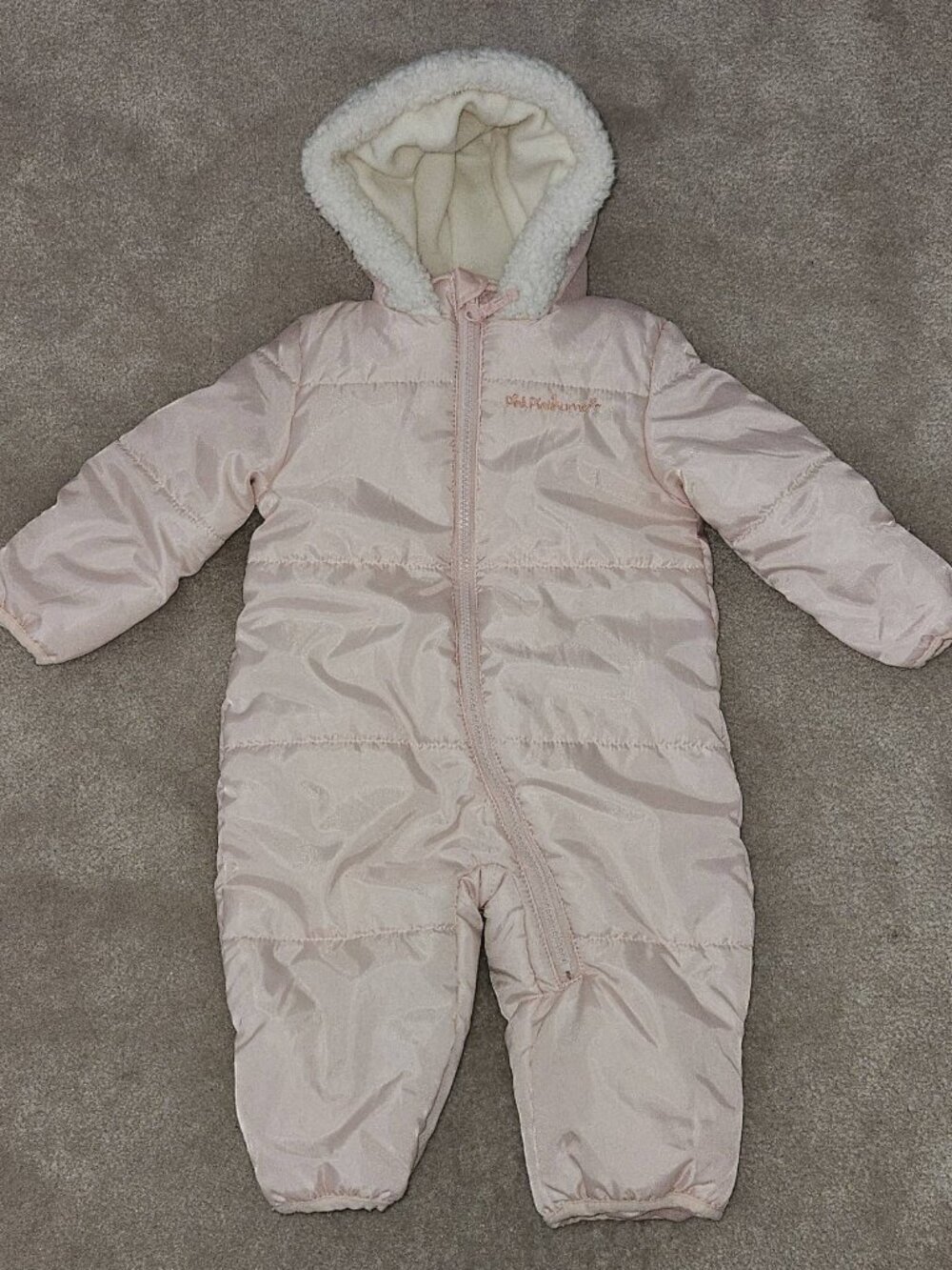 Pink Platinum Snowsuit Fleece Line Hooded Fold Over Mittens Feet Baby 6-9 Months